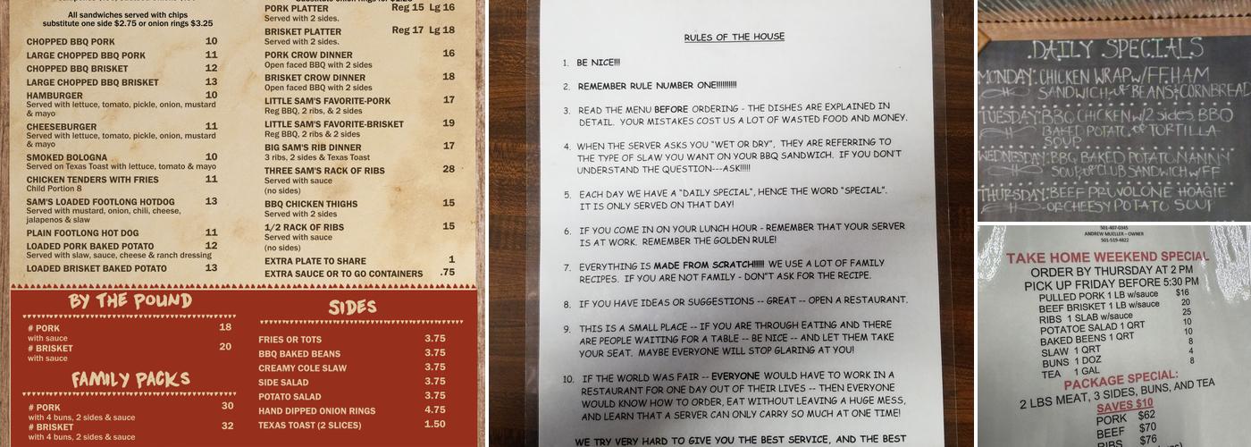 Three Sam's Barbeque Joint Menu