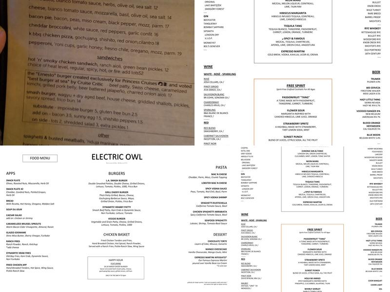 Electric Owl Menu