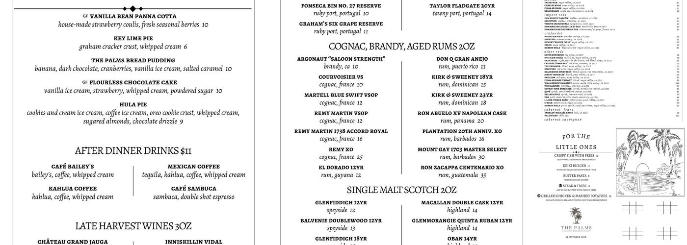 The Palms Menu
