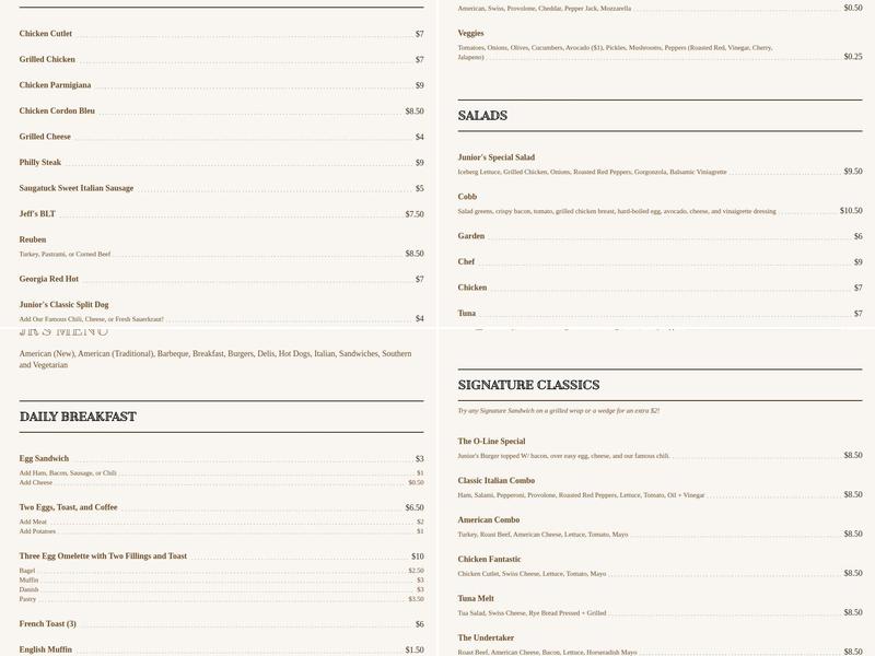 Jr's Deli and Grille Menu