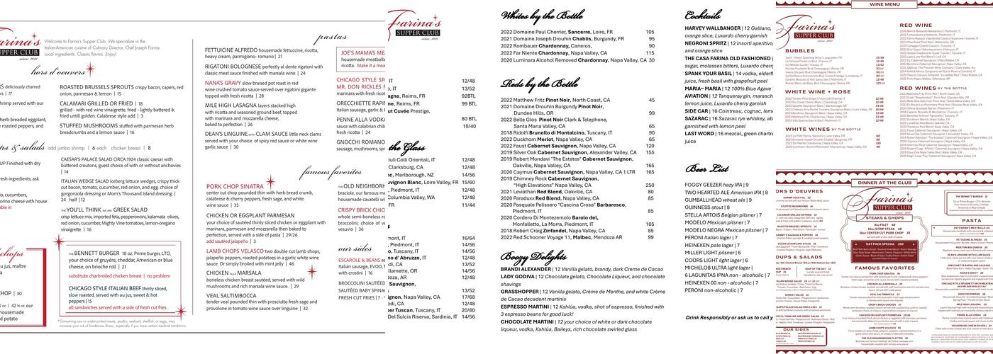 Farina's Supper Club Menu