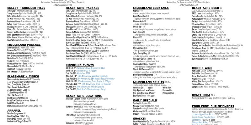 Black Acre Brewing Co. Menu