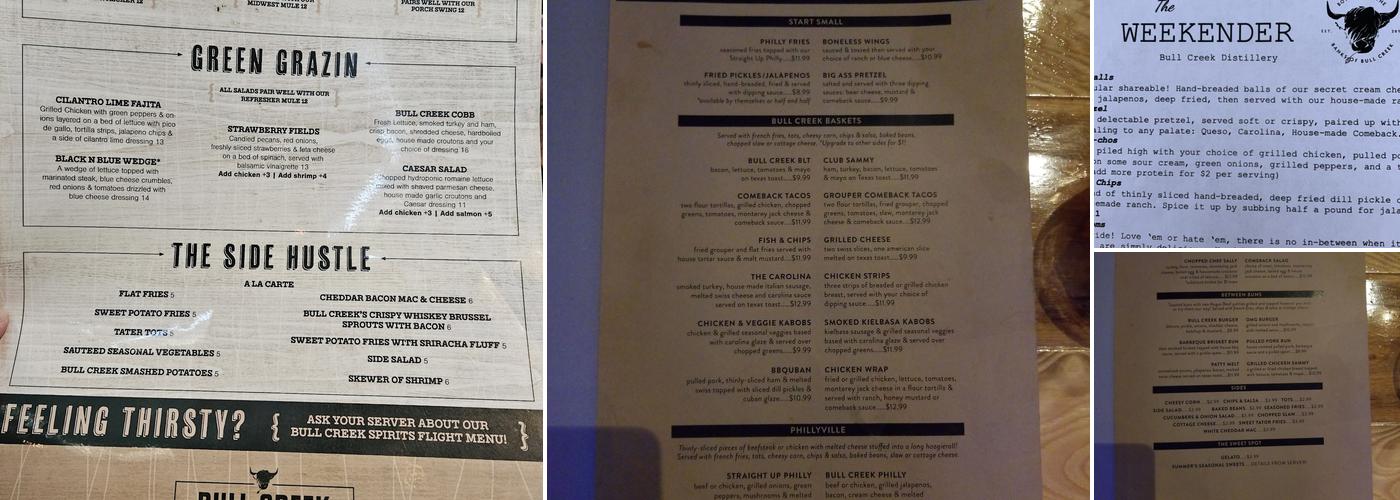 Bull Creek Distillery Menu