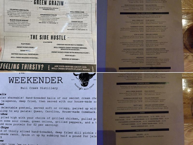 Bull Creek Distillery Menu