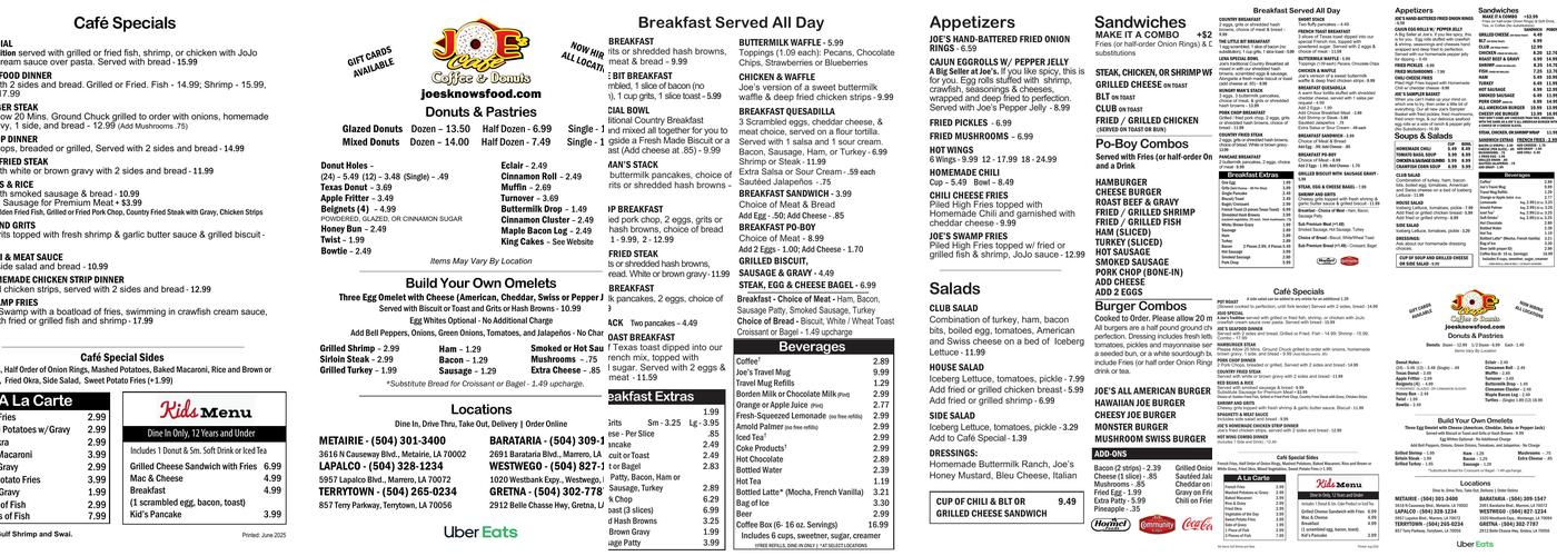 Joe's Cafe & Donuts & King Cakes Menu