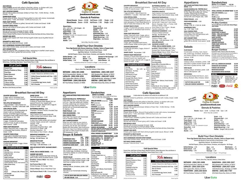 Joe's Cafe & Donuts & King Cakes Menu