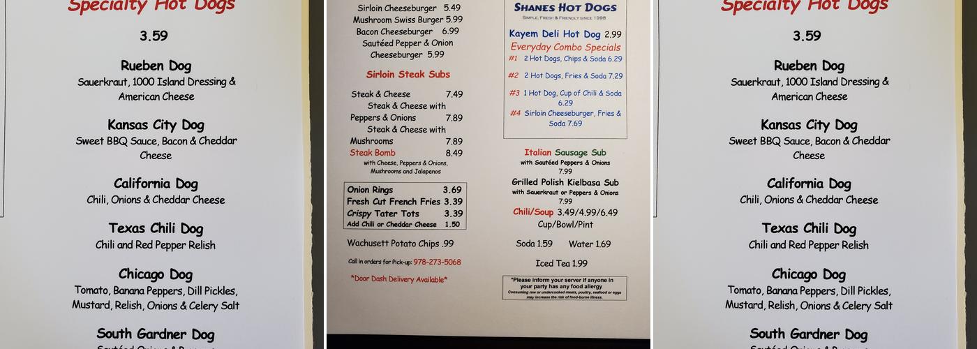 Shanes Hot Dogs Menu