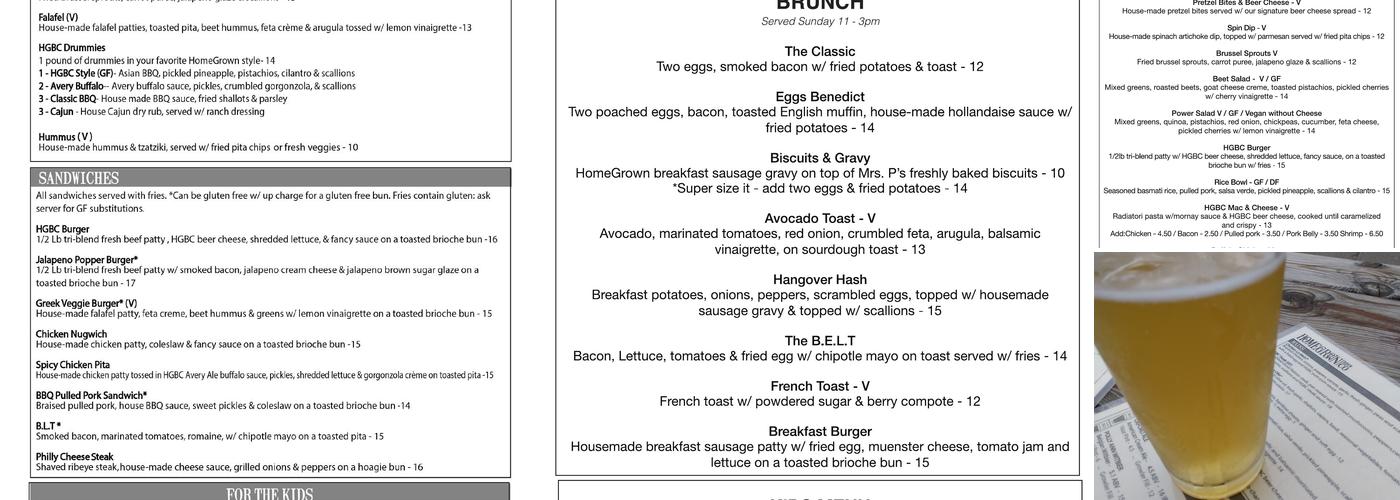 HomeGrown Brewing Company Menu