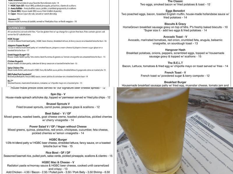 HomeGrown Brewing Company Menu