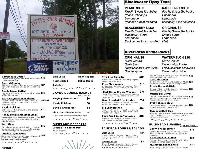 Little River Marina & RV Park Menu