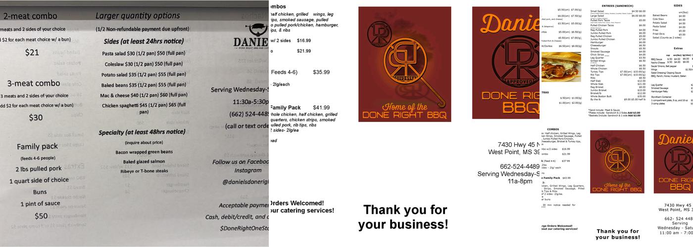 Done Right One Stop LLC/Daniels BBQ Menu