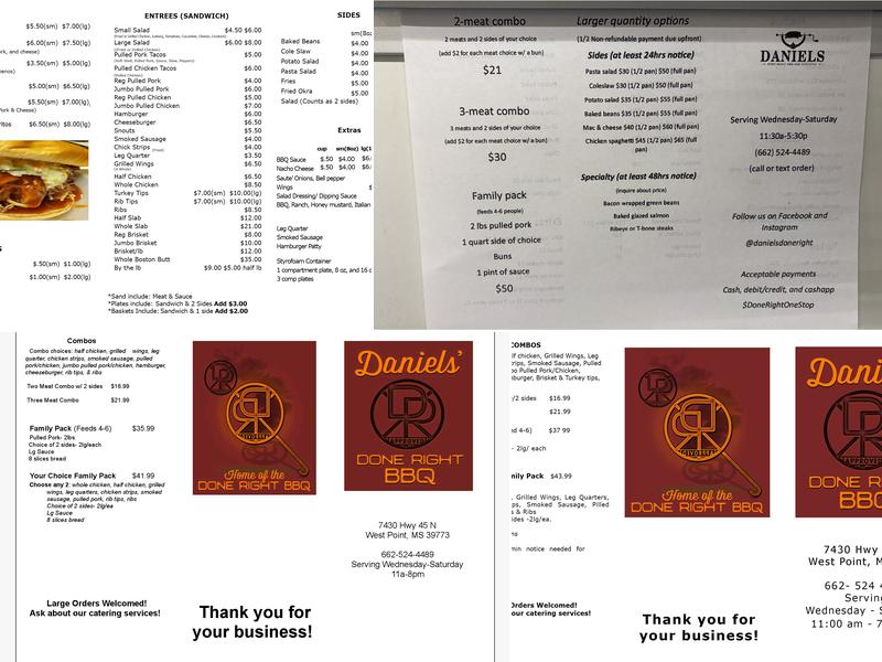 Done Right One Stop LLC/Daniels BBQ Menu