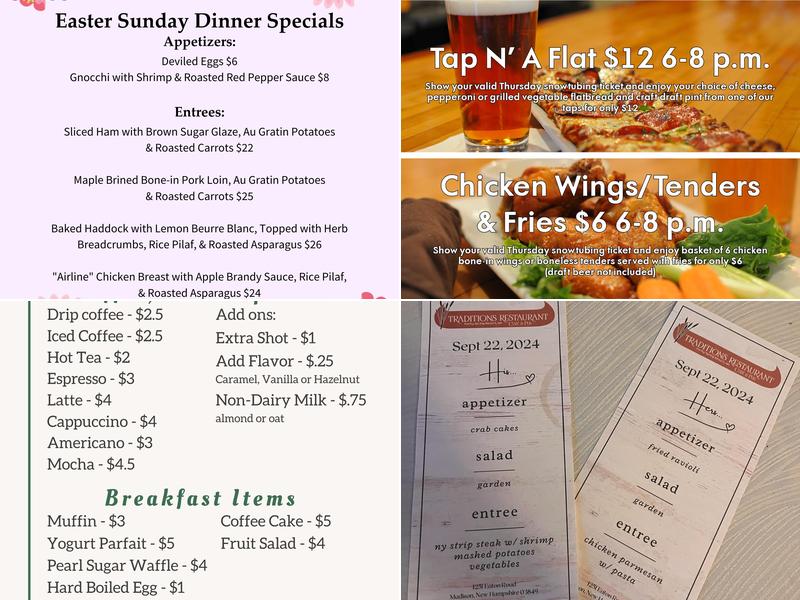 Traditions Restaurant, Cafe and Pub Menu