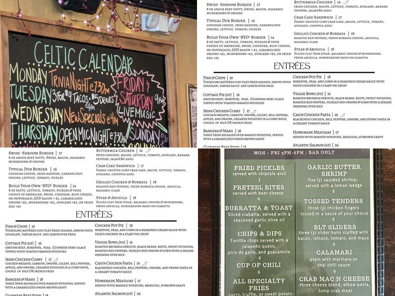 Celtic Corner Restaurant and Pub Menu