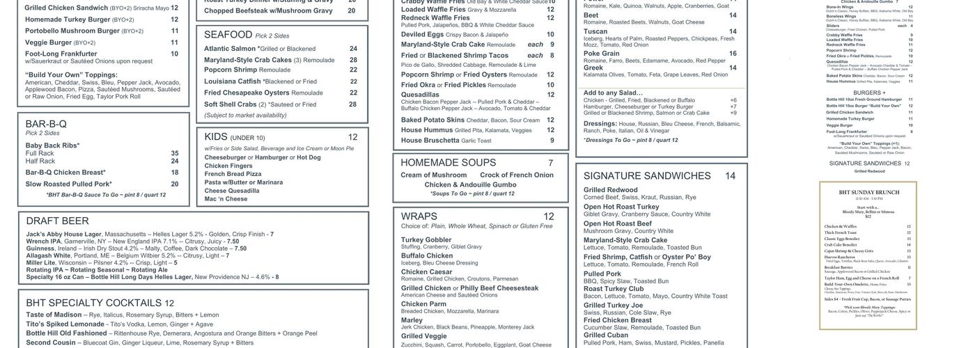 Bottle Hill Tavern Menu