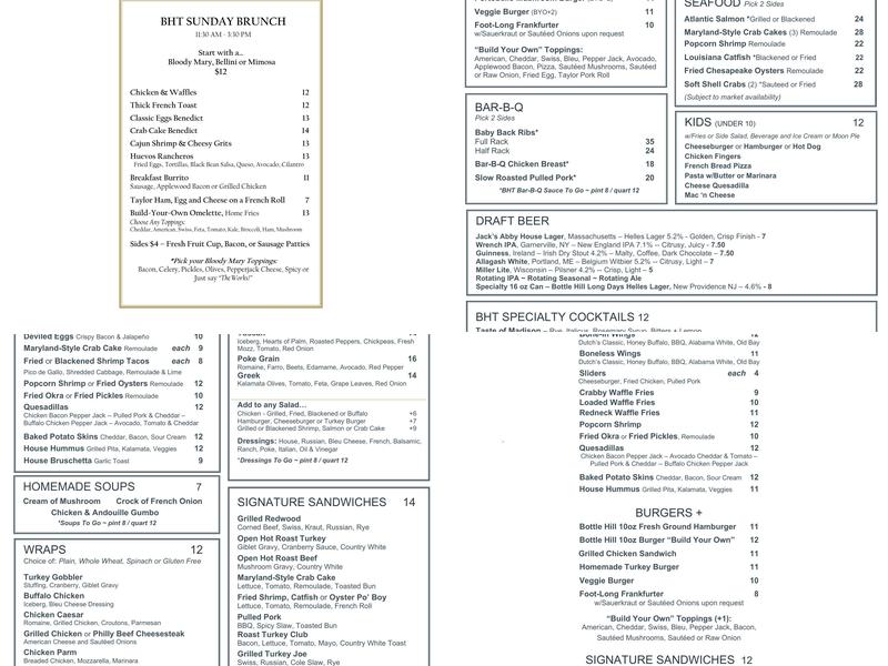 Bottle Hill Tavern Menu