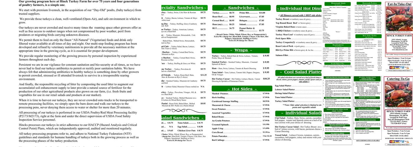 Hinck's Turkey Farm Menu