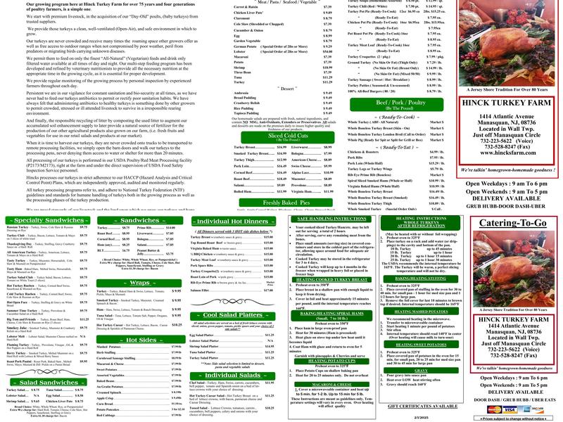Hinck's Turkey Farm Menu