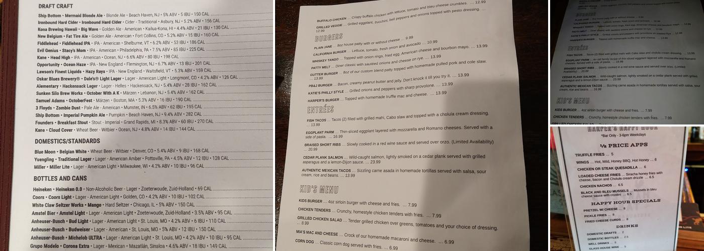 Harper's Table Menu