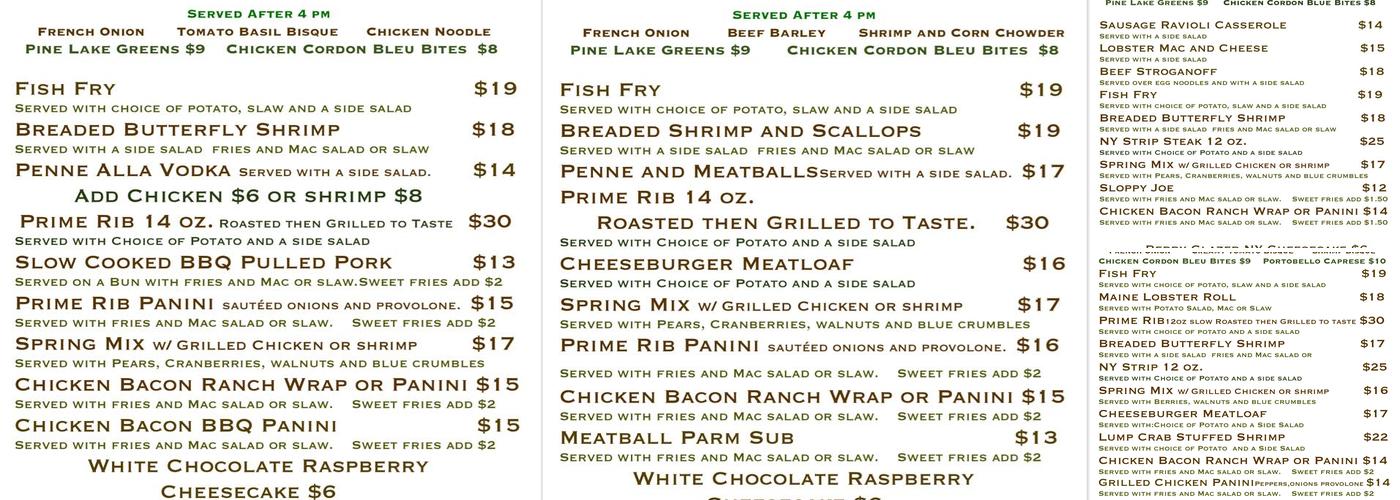 Pine Lake Lodge Menu