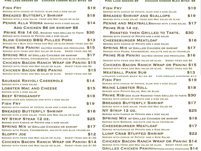 Pine Lake Lodge Menu