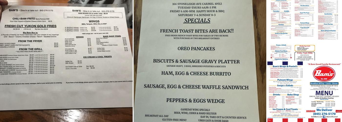 BAM'S Menu