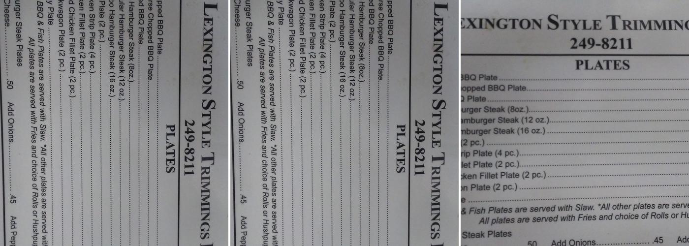 Lexington Style Trimmings Menu