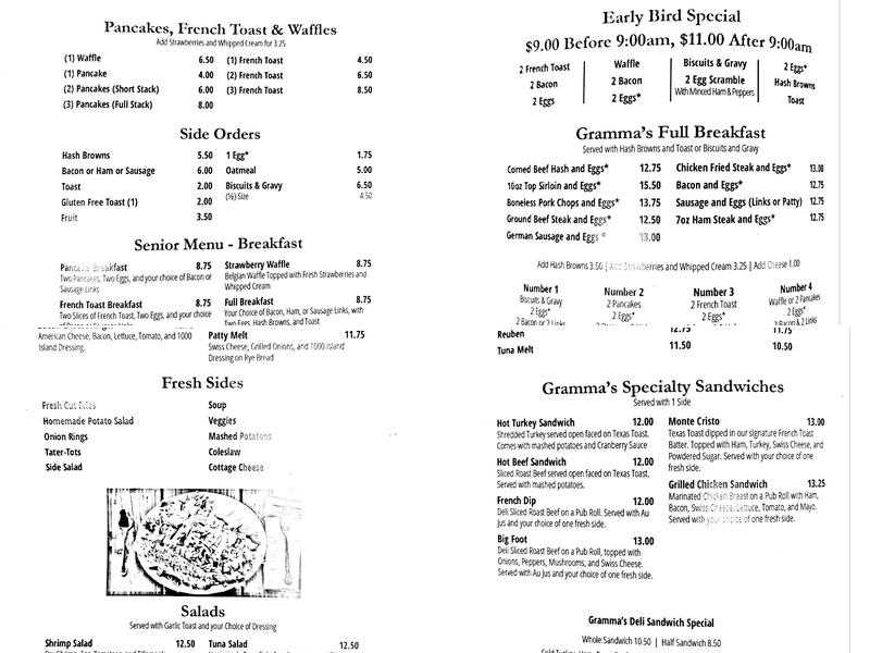 Gramma's Corner Kitchen Menu
