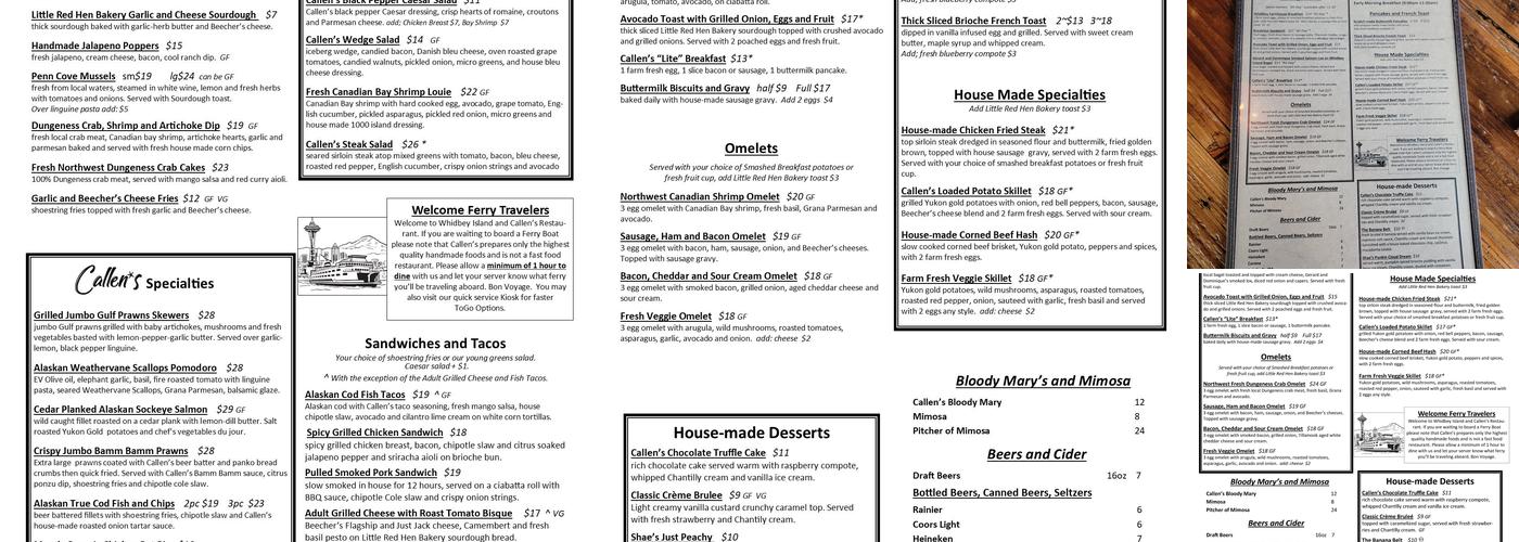 Callen's Restaurant Menu