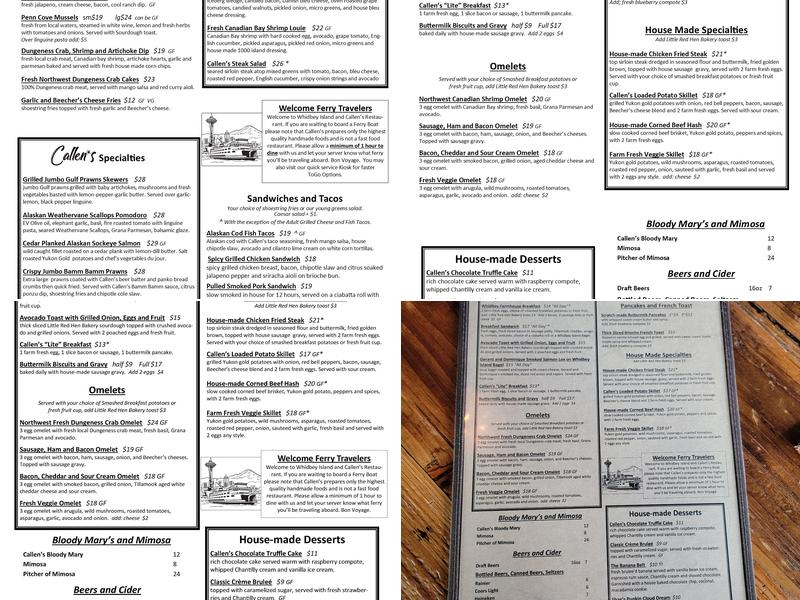 Callen's Restaurant Menu