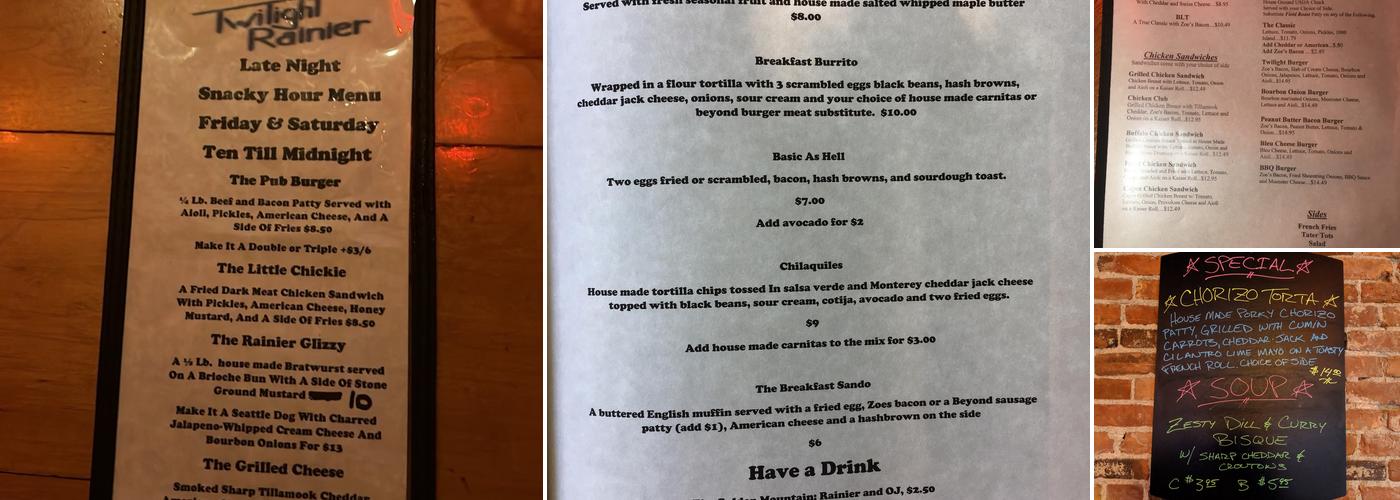 Twilight Rainier Menu
