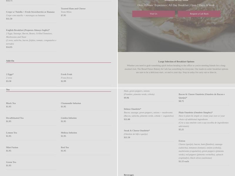 The Bread Palace Bakery & Cafe Menu