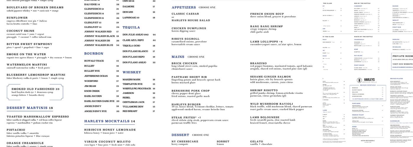 Harleys American Grille Menu