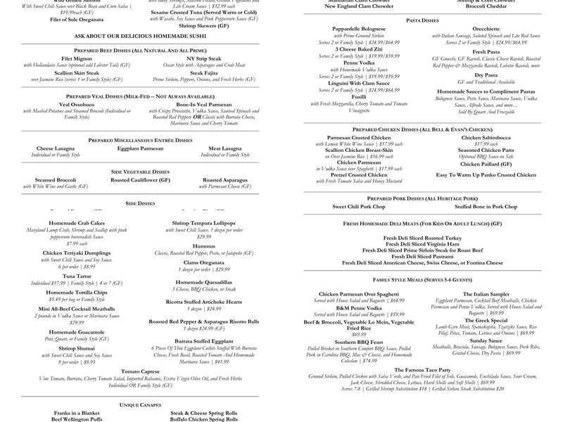 B & M Meat Market Menu