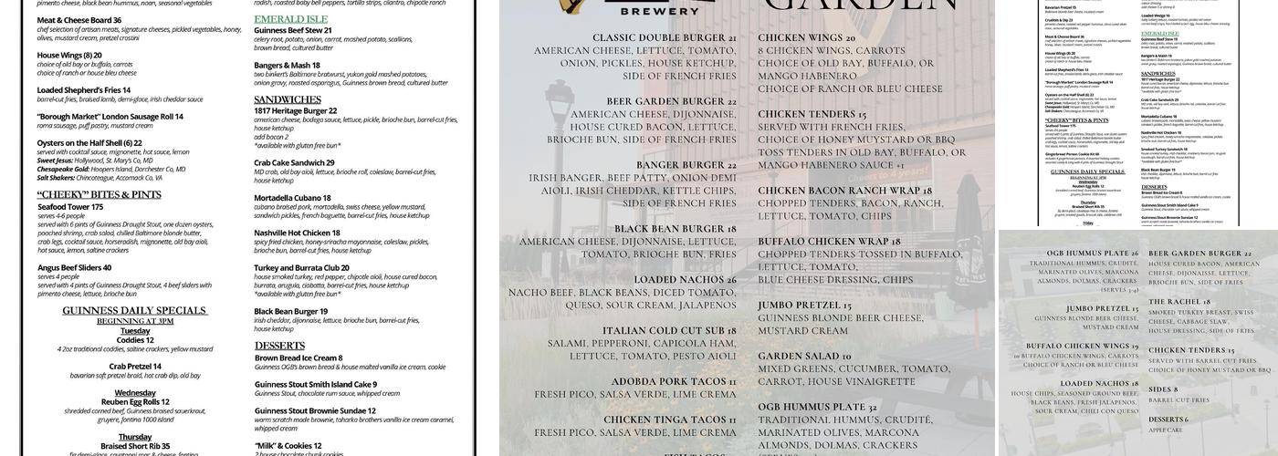 Guinness Open Gate Brewery Menu