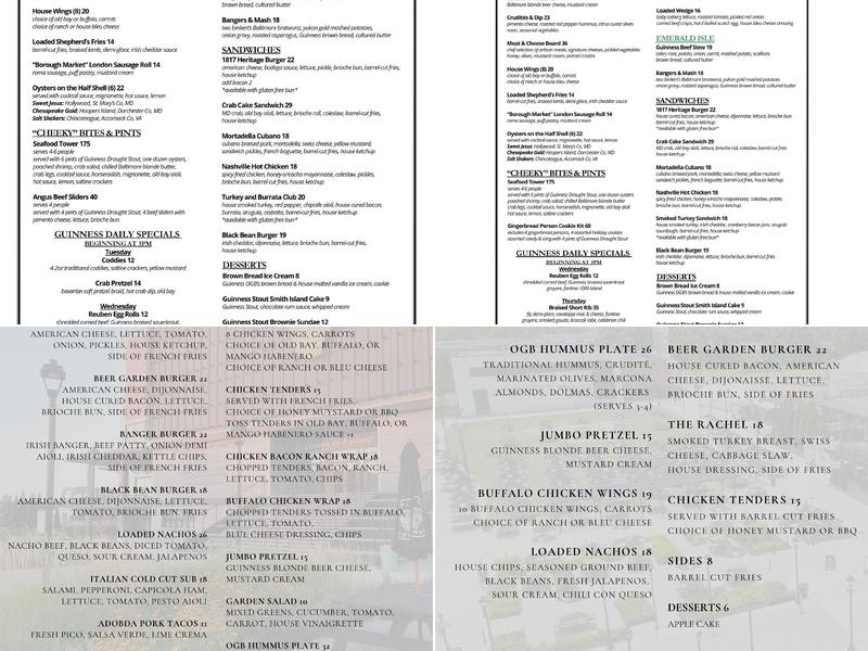 Guinness Open Gate Brewery Menu