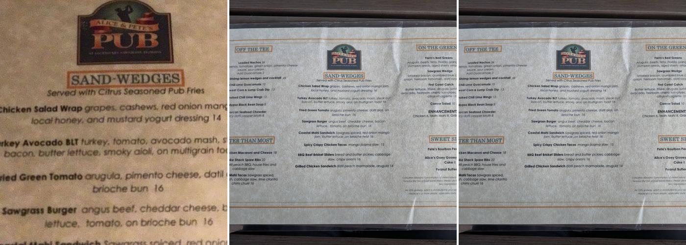 Alice and Pete's Menu