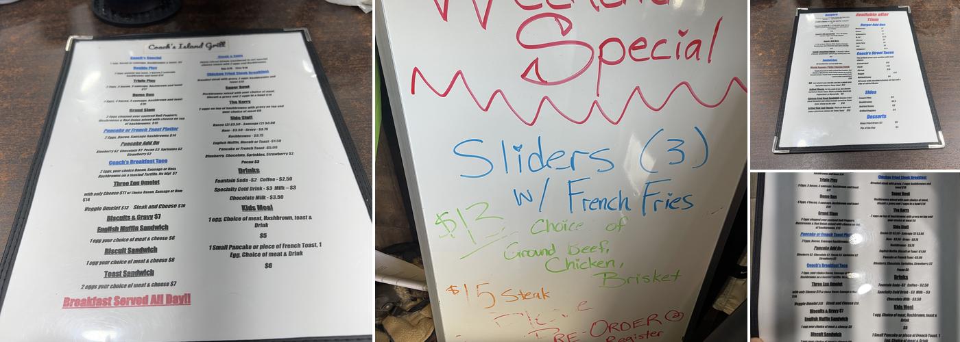 Coach’s Island Pub and Grub Menu