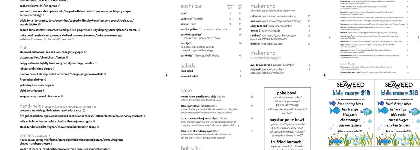 Seaweed Steaks, Seafood & Sushi Menu