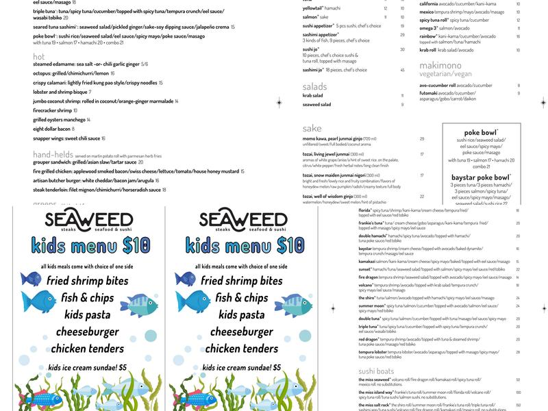 Seaweed Steaks, Seafood & Sushi Menu