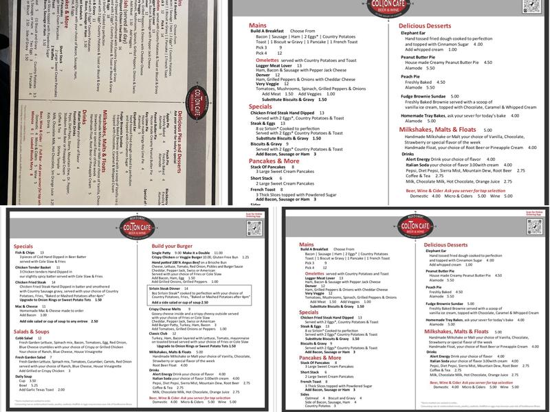 Historic Colton Café Menu