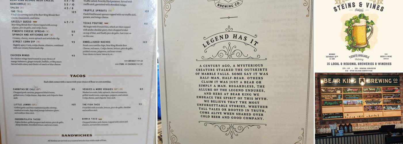 Bear King Brewing Company Menu