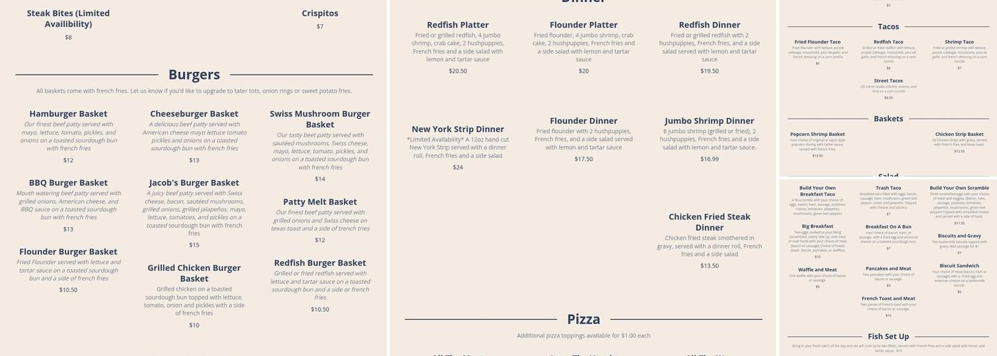 Indianola Fishing Marina, Bait Shop, Restaurant Bar & Grill in Port Lavaca Menu