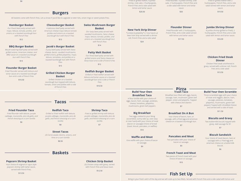 Indianola Fishing Marina, Bait Shop, Restaurant Bar & Grill in Port Lavaca Menu