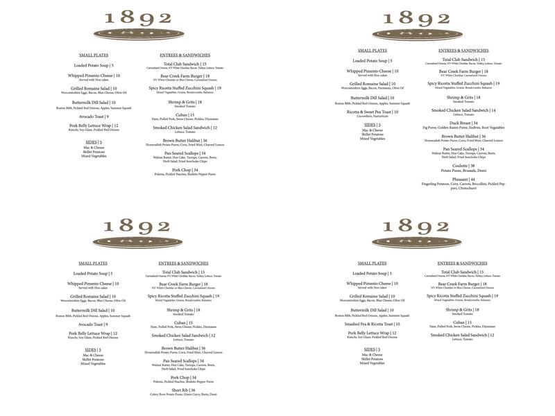 1892 Restaurant Menu