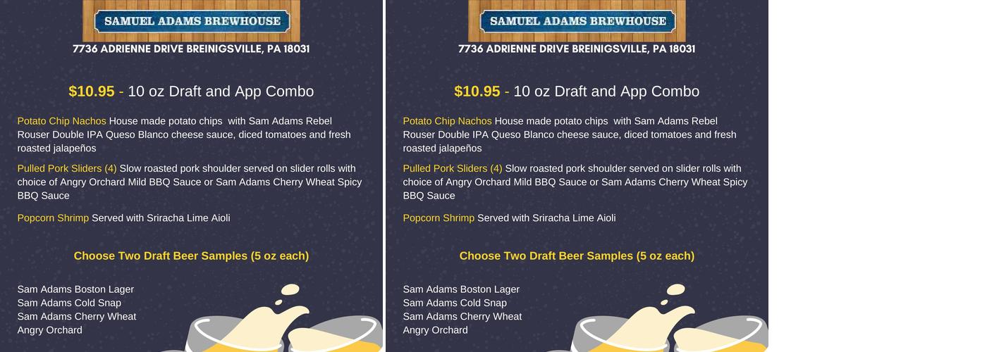 Samuel Adams Brewery Menu