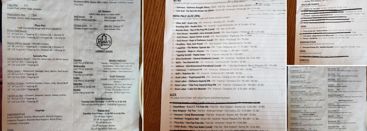 Ryan's Creek House Menu