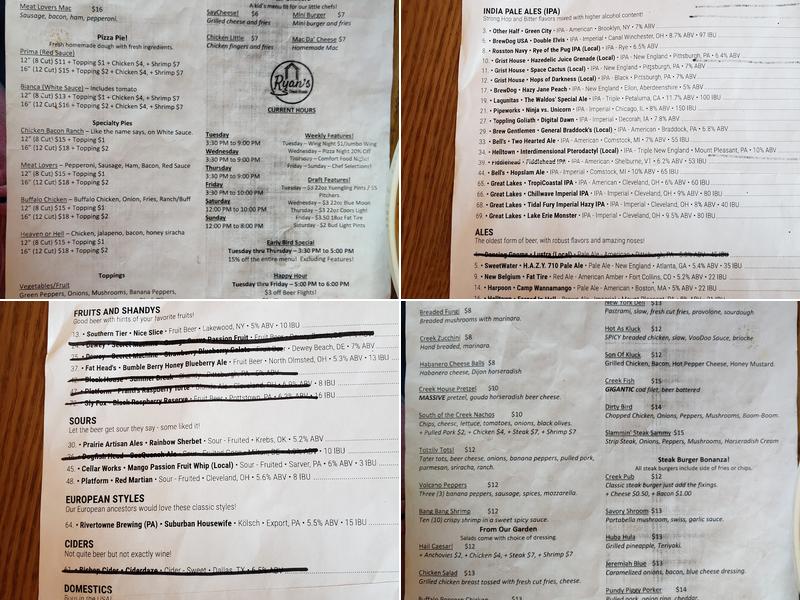 Ryan's Creek House Menu