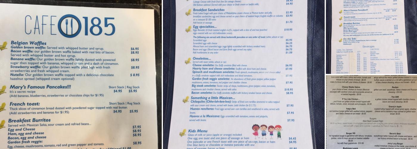 Cafe 185 Menu