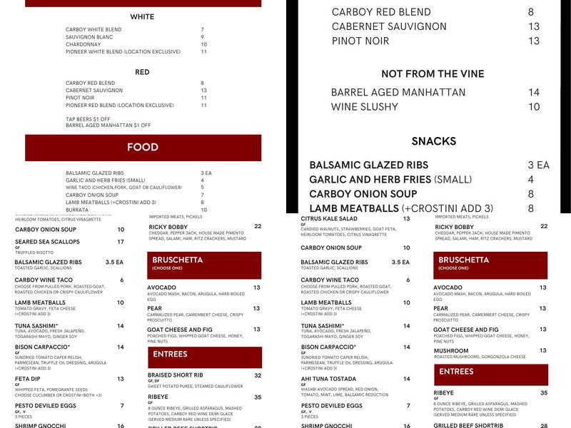 Carboy Winery Breckenridge Menu
